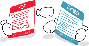 Ilustración de un documento pdf luchando contra un documento word.