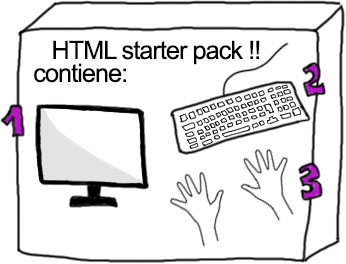 Ilustración de una caja en la que pone "HTML starter pack!! Contiene:", y al lado hay dibujado un monitor, un teclado y unas manos.