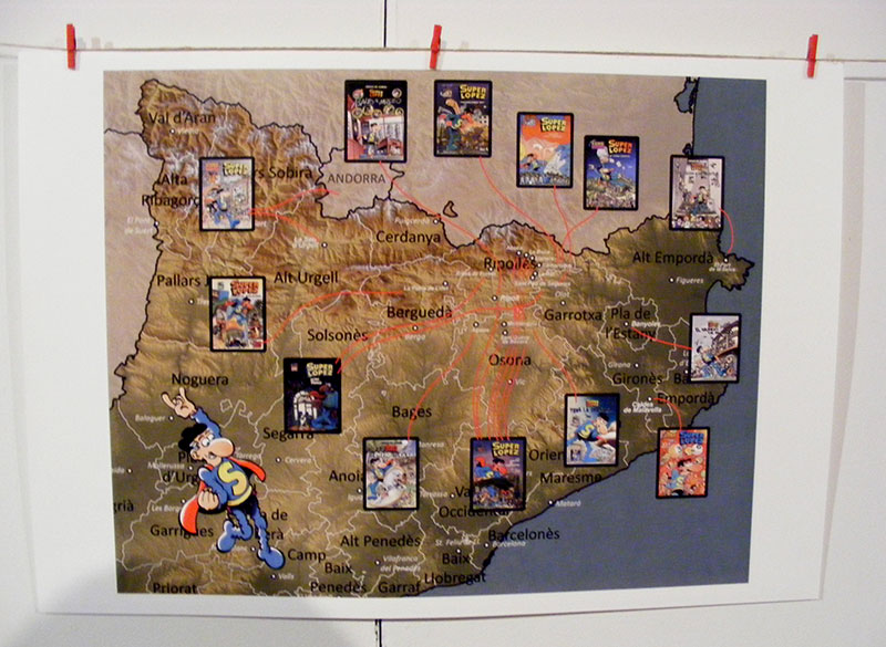 Un mapa de Cataluña indicando dónde se ambientaron los cómics de Superlópez. 