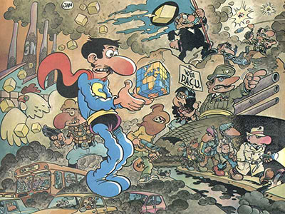 Una composición con varios de los mundos de Superlópez. 