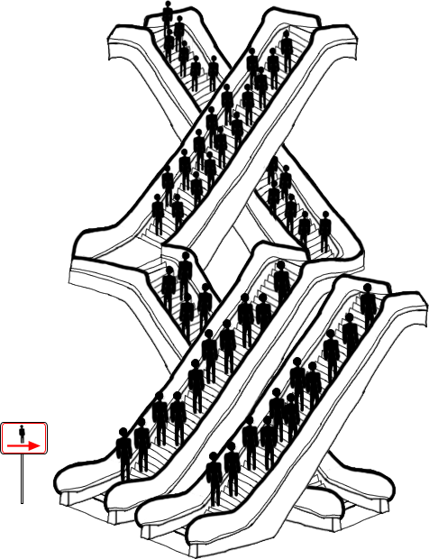 Ilustración de escaleras mecánicas llenas de personas idénticas. 