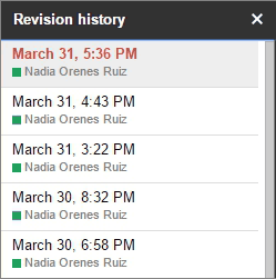 Captura del historial de revisiones de Google Drive. 