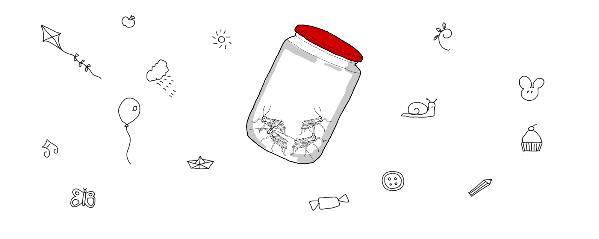 un tarro flotante con saltamontes dentro y varios dibujitos hechos por niños alrededor